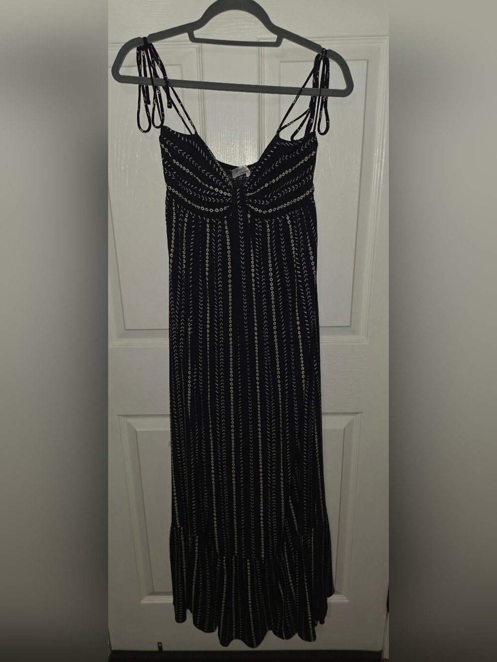 Charcoal Gray Patterned Striped Maxi Babydoll dress with Adjustable Tie Straps